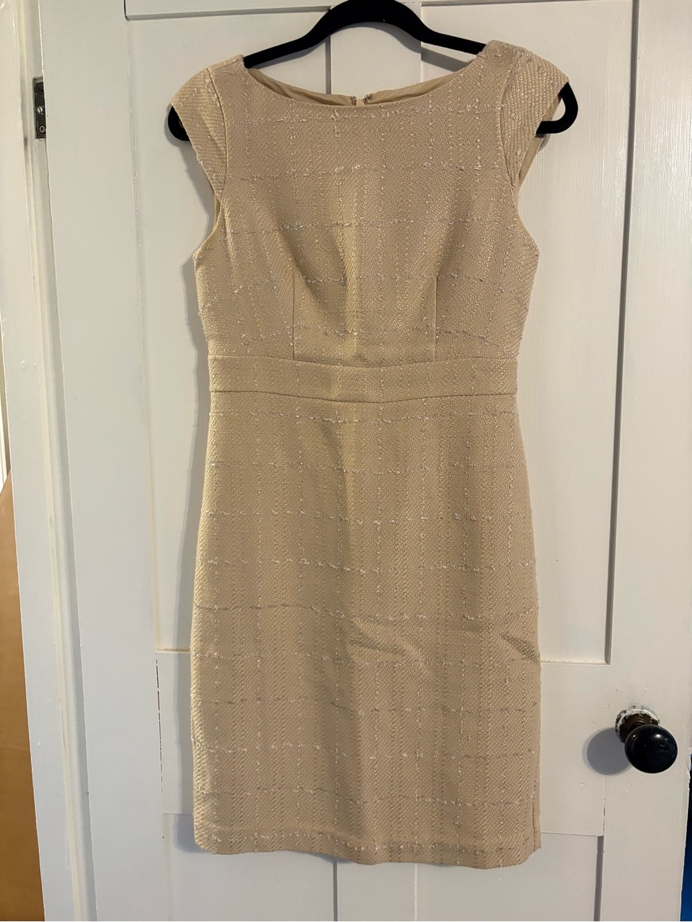 Ann Taylor Beige Tweed Cap-Sleeve Midi Sheath Dress